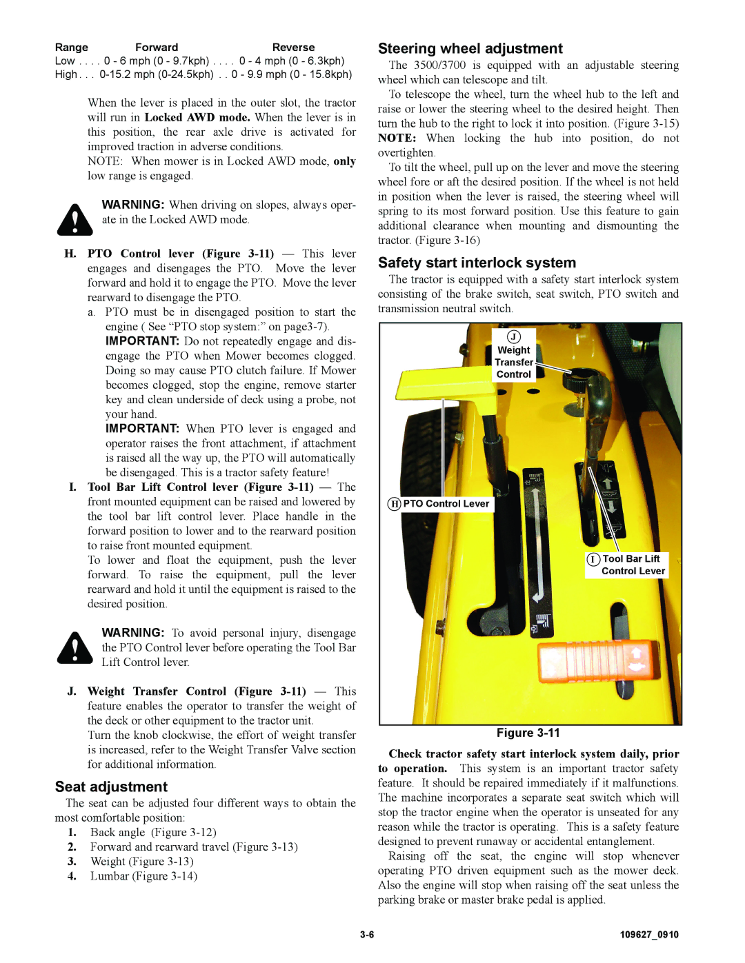 Hustler Turf 3500, 3700 owner manual Seat adjustment, Steering wheel adjustment, Safety start interlock system 