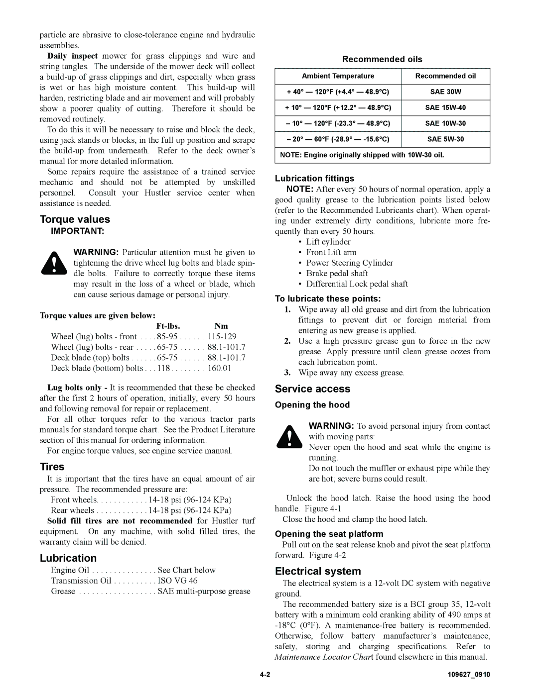 Hustler Turf 3500, 3700 owner manual Torque values, Tires, Lubrication, Service access, Electrical system 