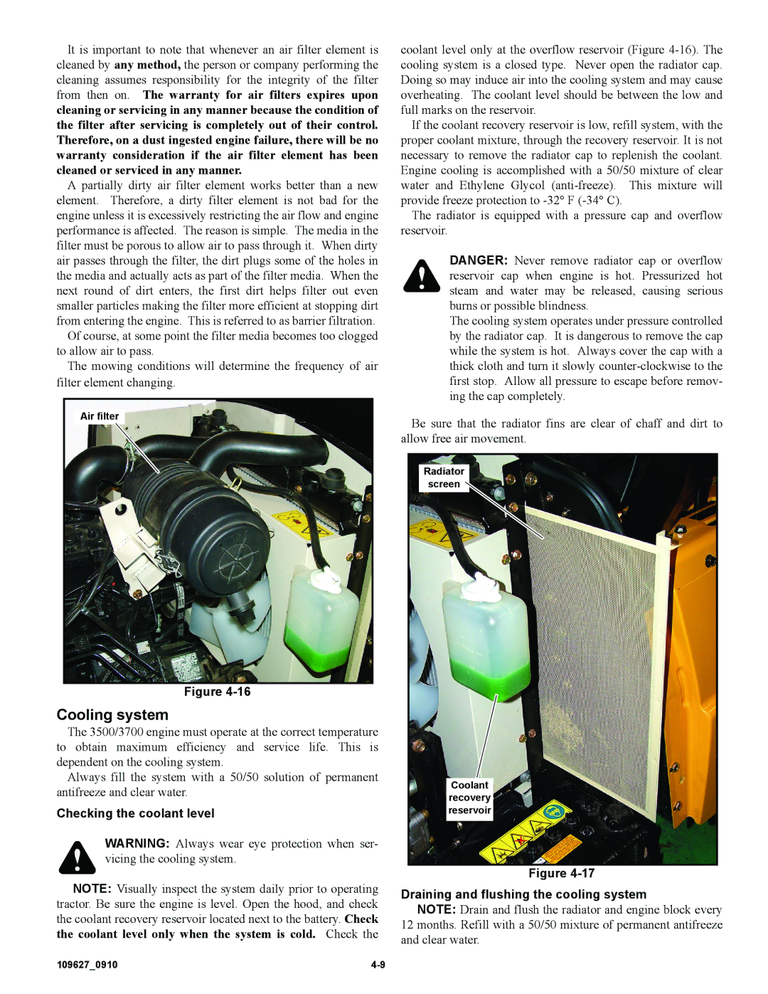 Hustler Turf 3700, 3500 owner manual Cooling system, Checking the coolant level, Draining and flushing the cooling system 