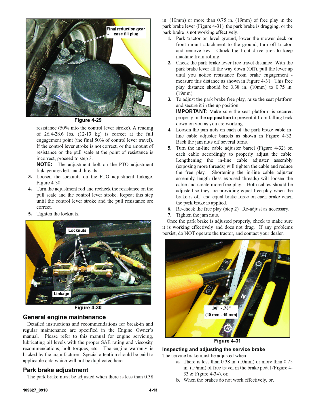 Hustler Turf 3700, 3500 owner manual General engine maintenance Park brake adjustment 