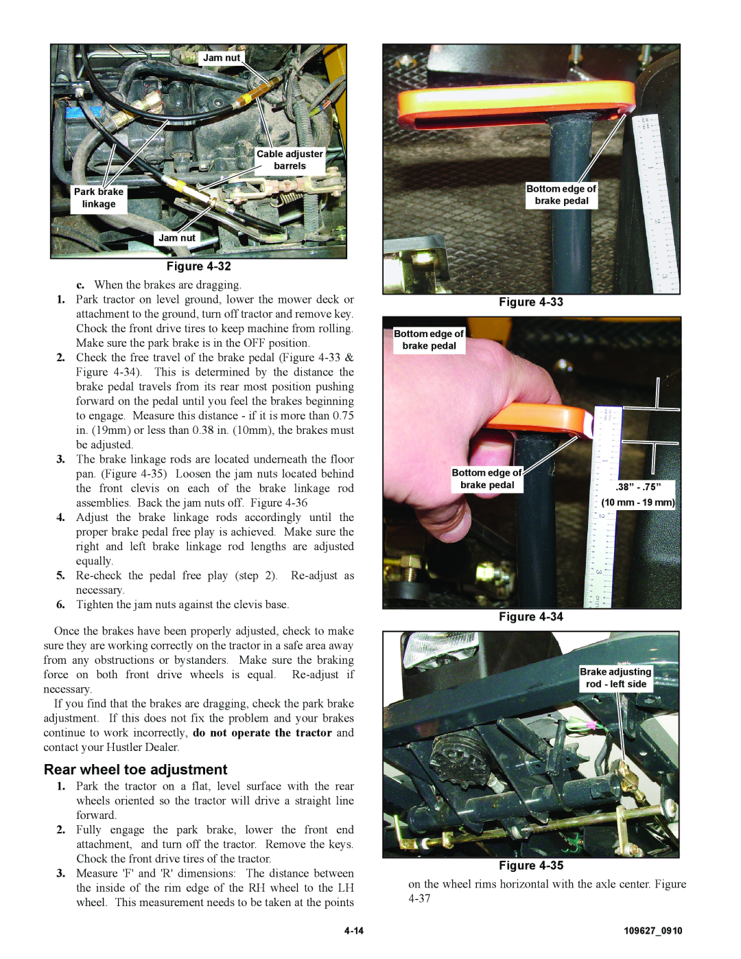 Hustler Turf 3500, 3700 owner manual Rear wheel toe adjustment 