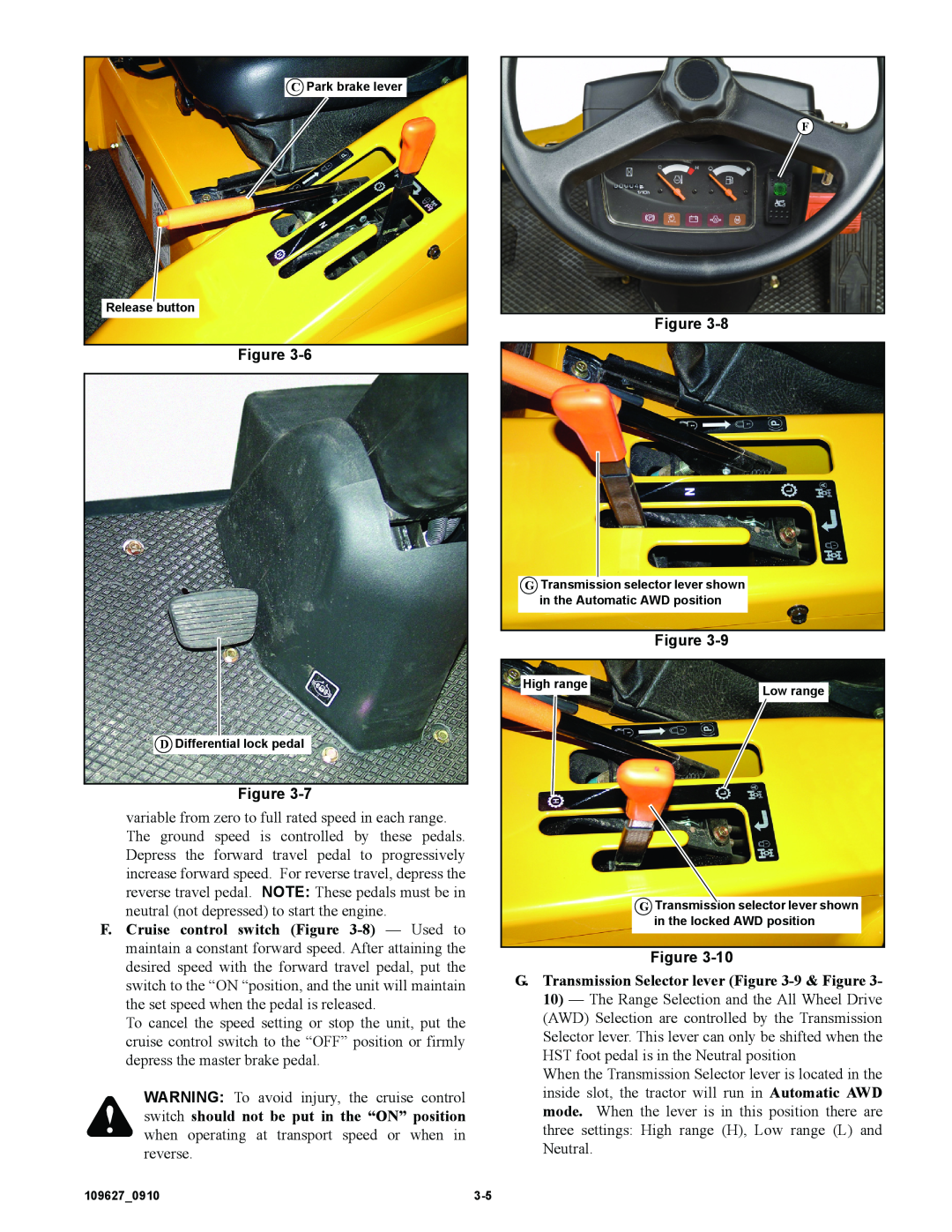 Hustler Turf 3700, 3500 owner manual C Park brake lever Release button, D Differential lock pedal, High range 