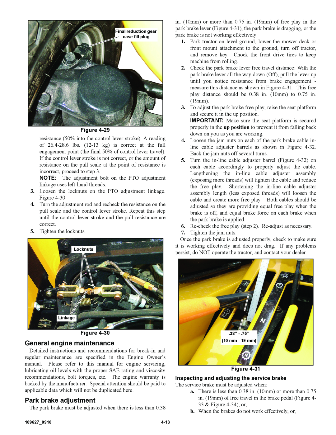 Hustler Turf 3700, 3500 owner manual General engine maintenance, Park brake adjustment 
