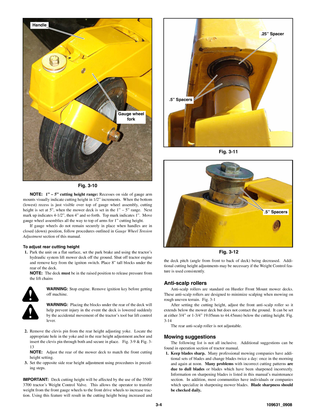 Hustler Turf 3500/3700 owner manual Anti-scalp rollers, Mowing suggestions, Handle, To adjust rear cutting height, Spacers 