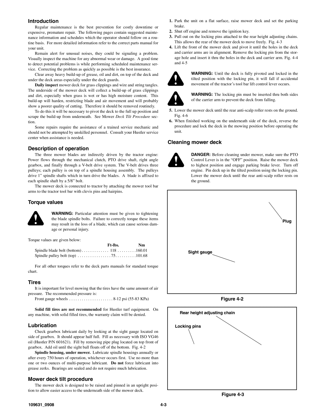 Hustler Turf 3500/3700 Introduction, Description of operation, Torque values, Tires, Lubrication, Cleaning mower deck 