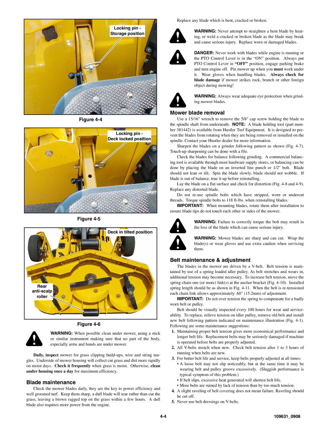 Hustler Turf 3500/3700 owner manual Blade maintenance, Mower blade removal, Belt maintenance & adjustment 