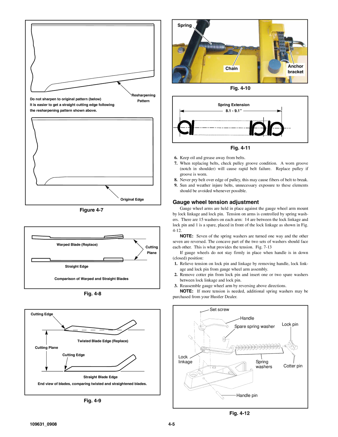 Hustler Turf 3500/3700 owner manual Gauge wheel tension adjustment, Spring ChainAnchor bracket 