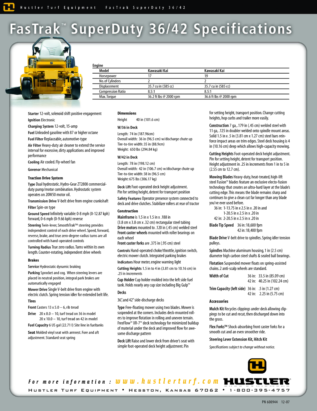 Hustler Turf 36 dimensions Decks, Width of Cut, Accessories, Steering Lever Extension Kit, Hitch Kit 