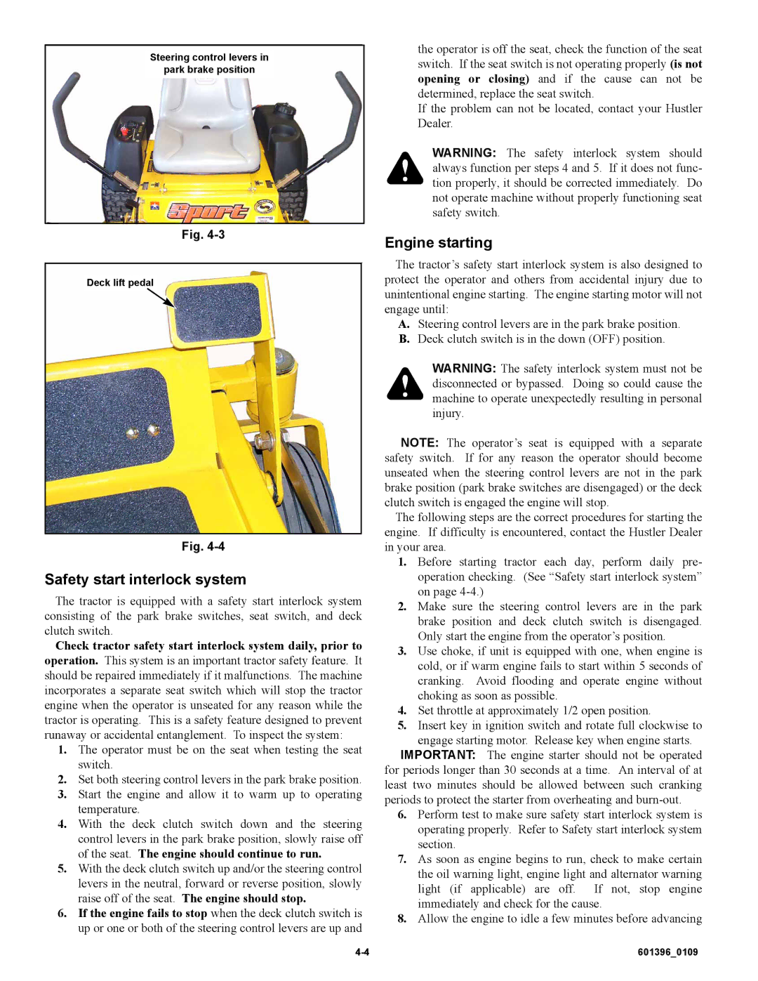 Hustler Turf 42 manual Safety start interlock system, Engine starting 