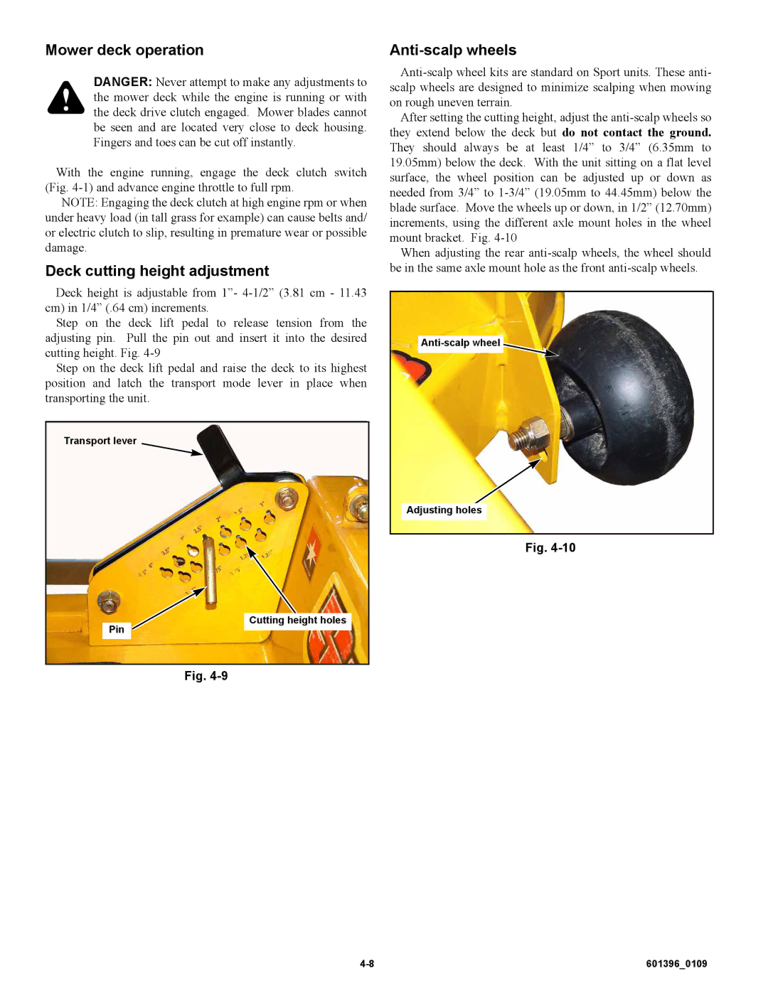 Hustler Turf 42 manual Mower deck operation, Deck cutting height adjustment, Anti-scalp wheels 