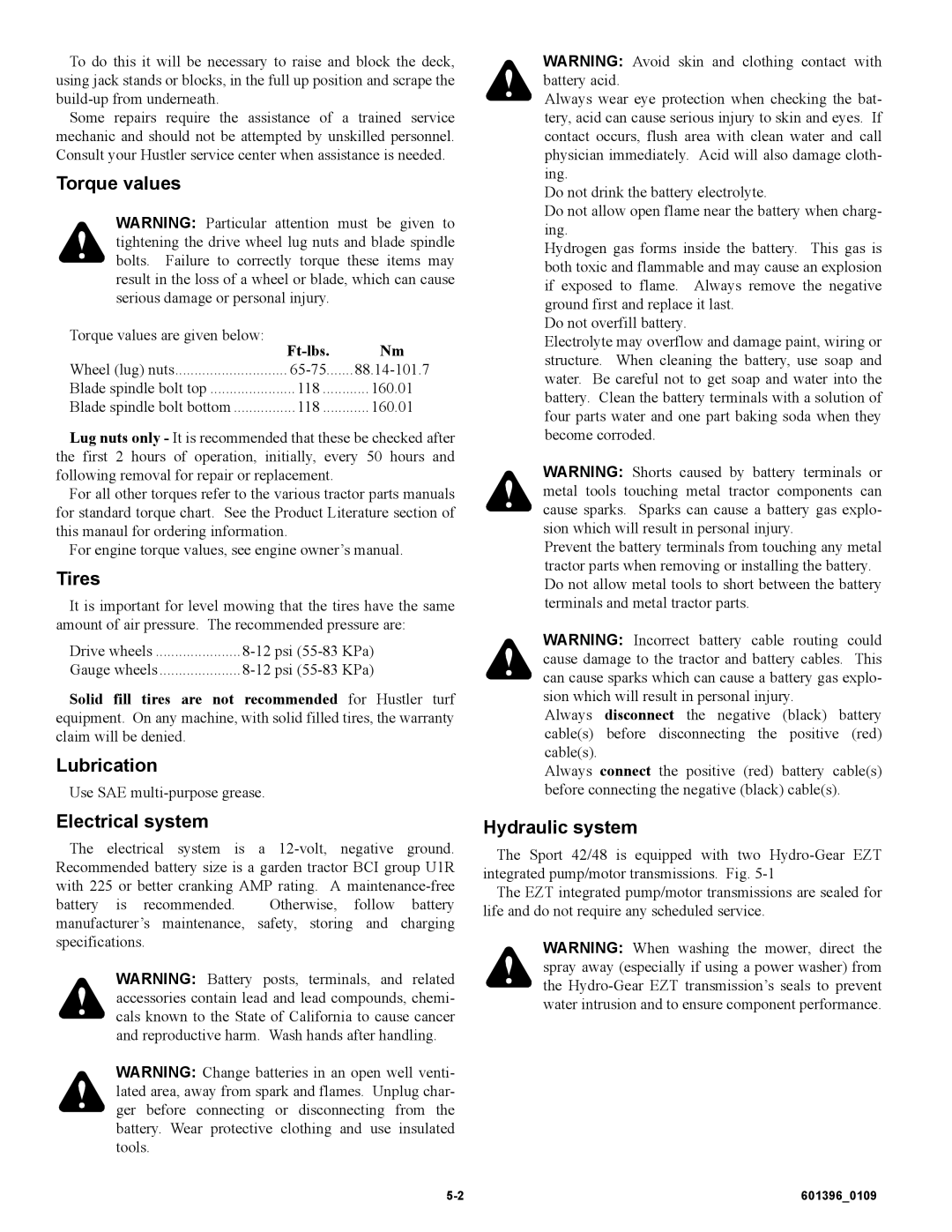 Hustler Turf 42 manual Torque values, Tires, Lubrication, Electrical system, Hydraulic system 