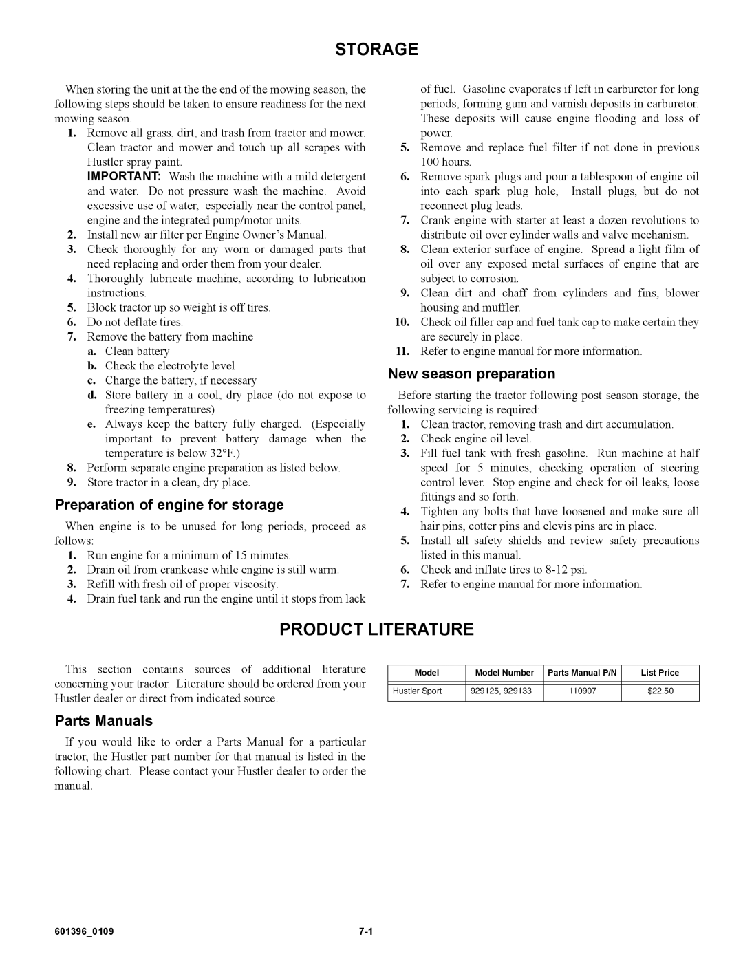 Hustler Turf 42 Storage, Product Literature, Preparation of engine for storage, New season preparation, Parts Manuals 