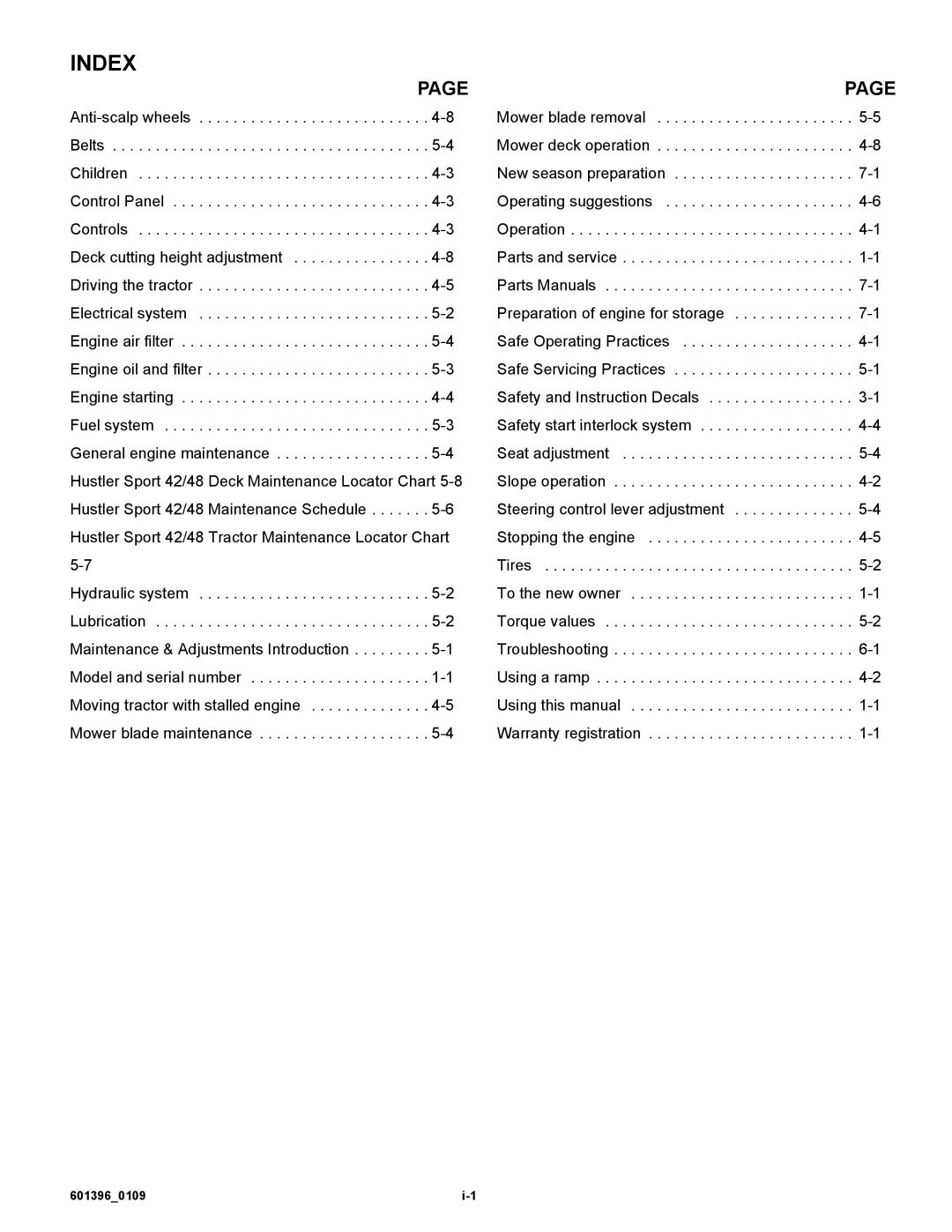 Hustler Turf 42 manual Index, Steering control lever adjustment 