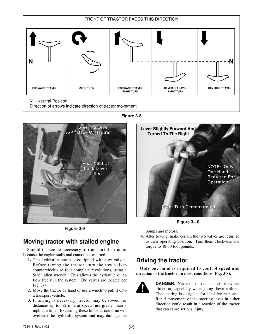 Hustler Turf 4300, 4420, 4400, 4200, 4500 owner manual Moving tractor with stalled engine, Driving the tractor 