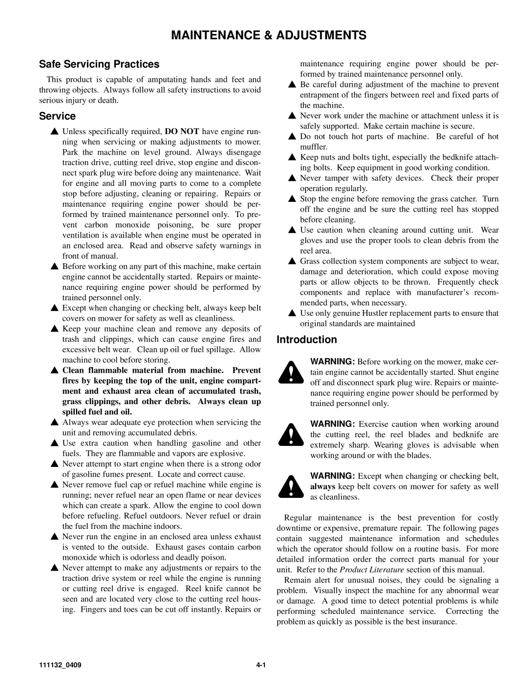 Hustler Turf 50 owner manual Maintenance & Adjustments, Safe Servicing Practices, Service, Introduction 