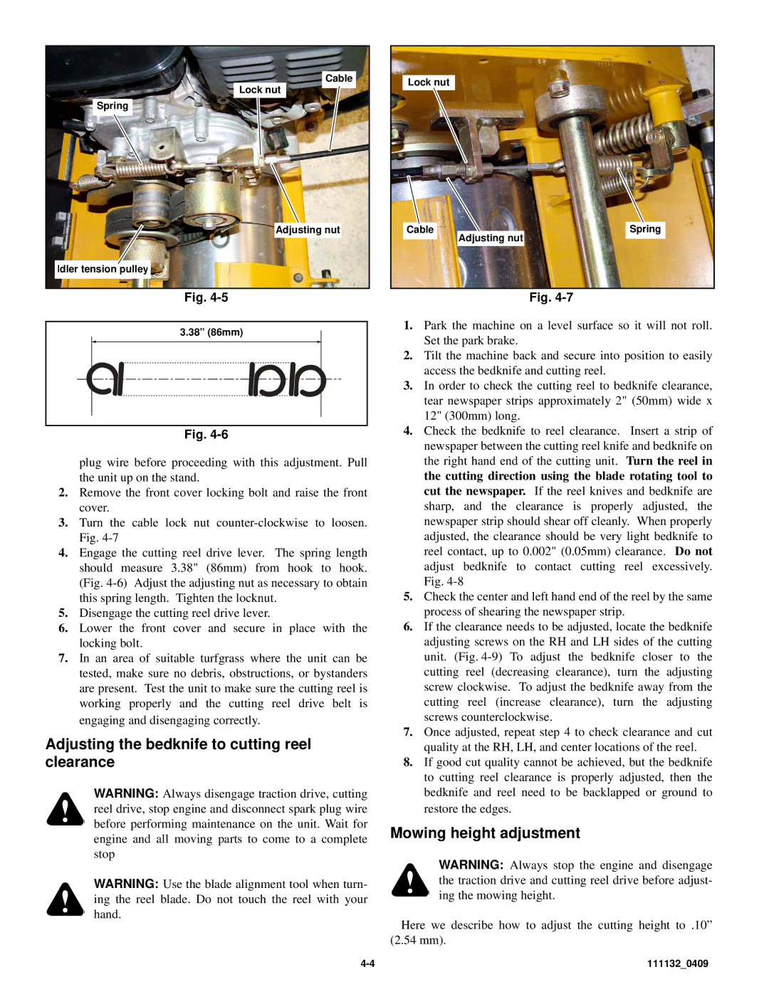 Hustler Turf 50 owner manual Adjusting the bedknife to cutting reel clearance, Mowing height adjustment 