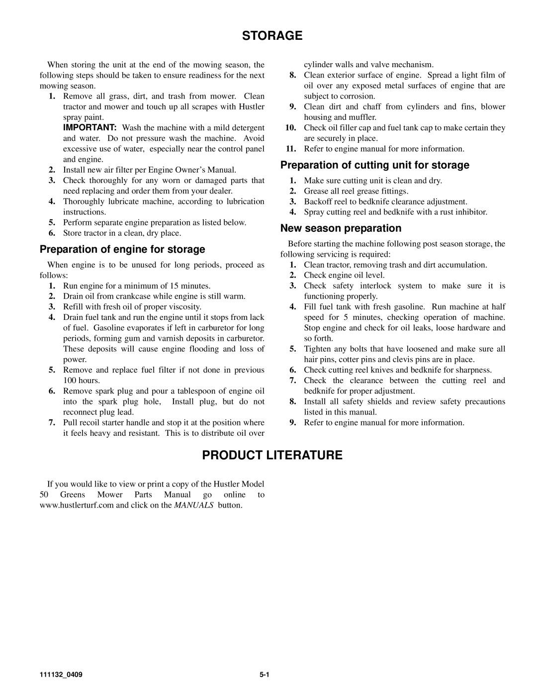 Hustler Turf 50 Storage, Product Literature, Preparation of engine for storage, Preparation of cutting unit for storage 
