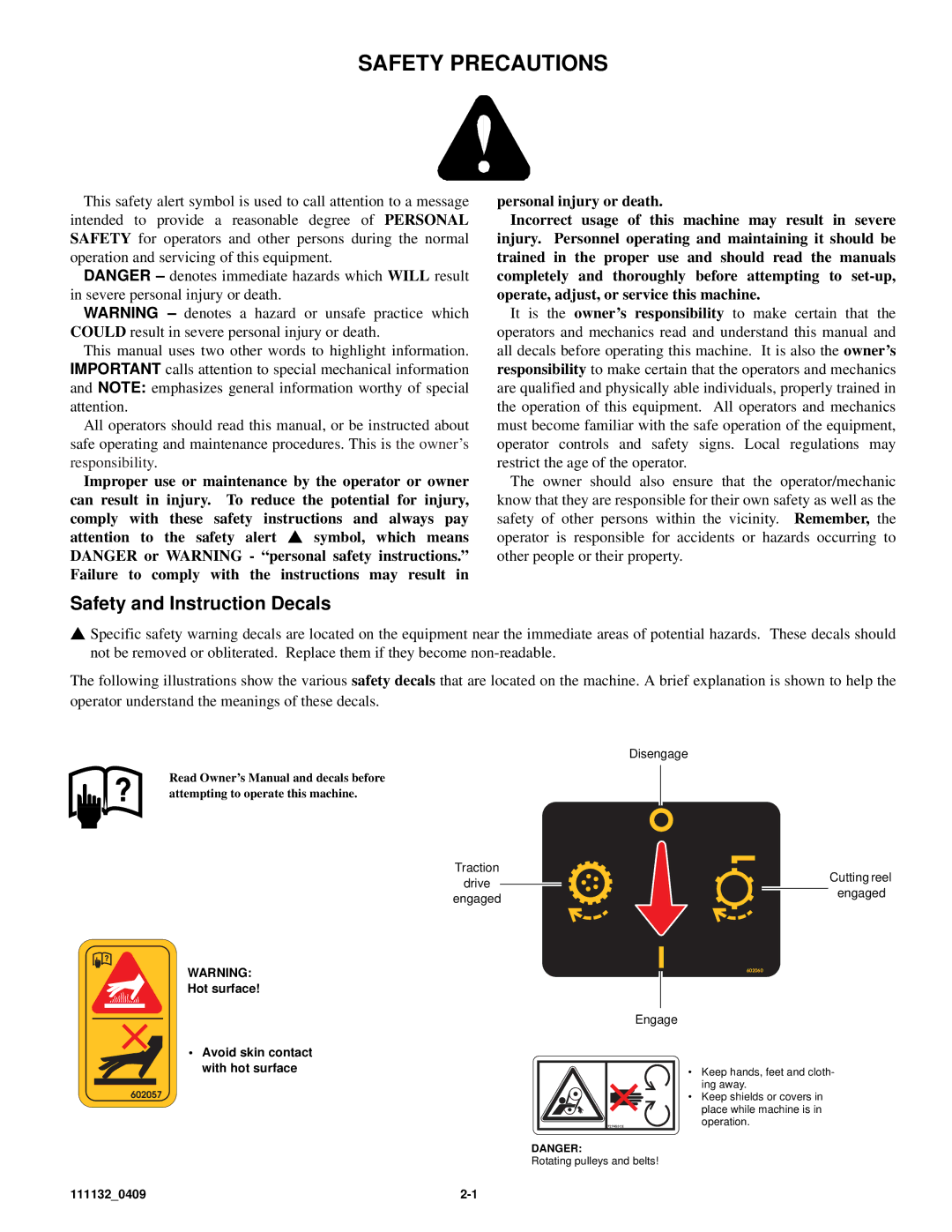 Hustler Turf 50 owner manual Safety Precautions, Safety and Instruction Decals 