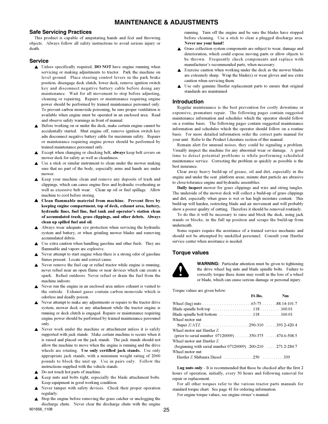 Hustler Turf 927848, 927566 manual Maintenance & Adjustments, Safe Servicing Practices, Service, Introduction, Torque values 