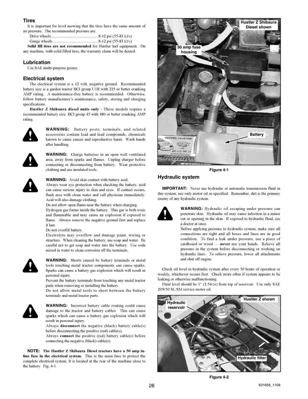 Hustler Turf 927731, 927566, 927053, 927848, 927558, 927814 manual Tires, Lubrication, Electrical system, Hydraulic system 