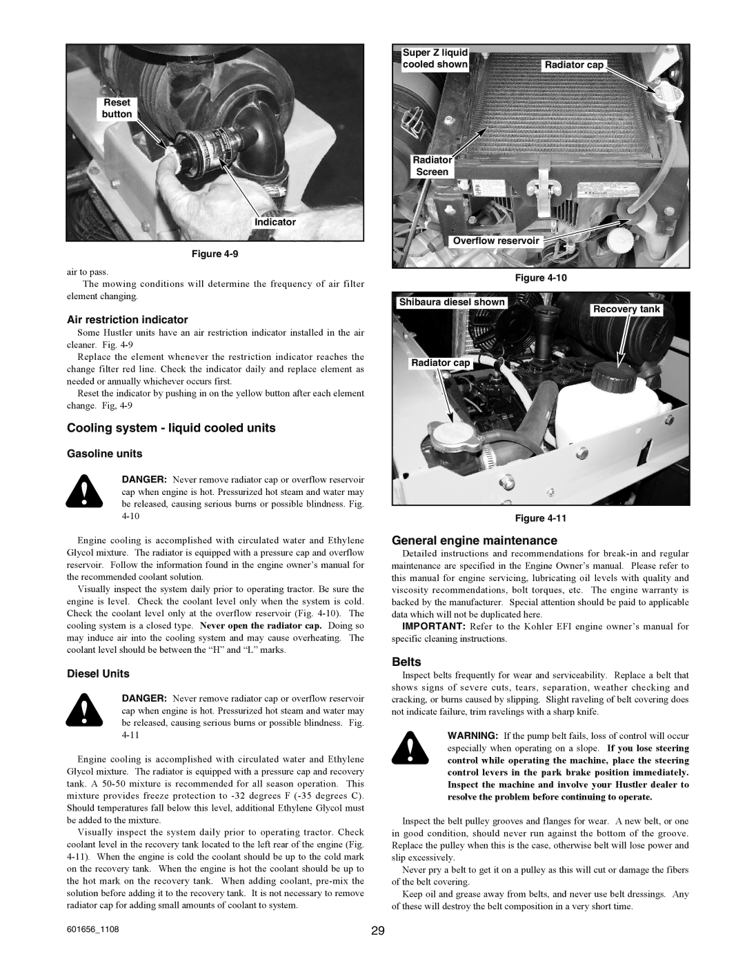 Hustler Turf 927566, 927053, 927848, 927731, 927558 manual Cooling system liquid cooled units, General engine maintenance Belts 