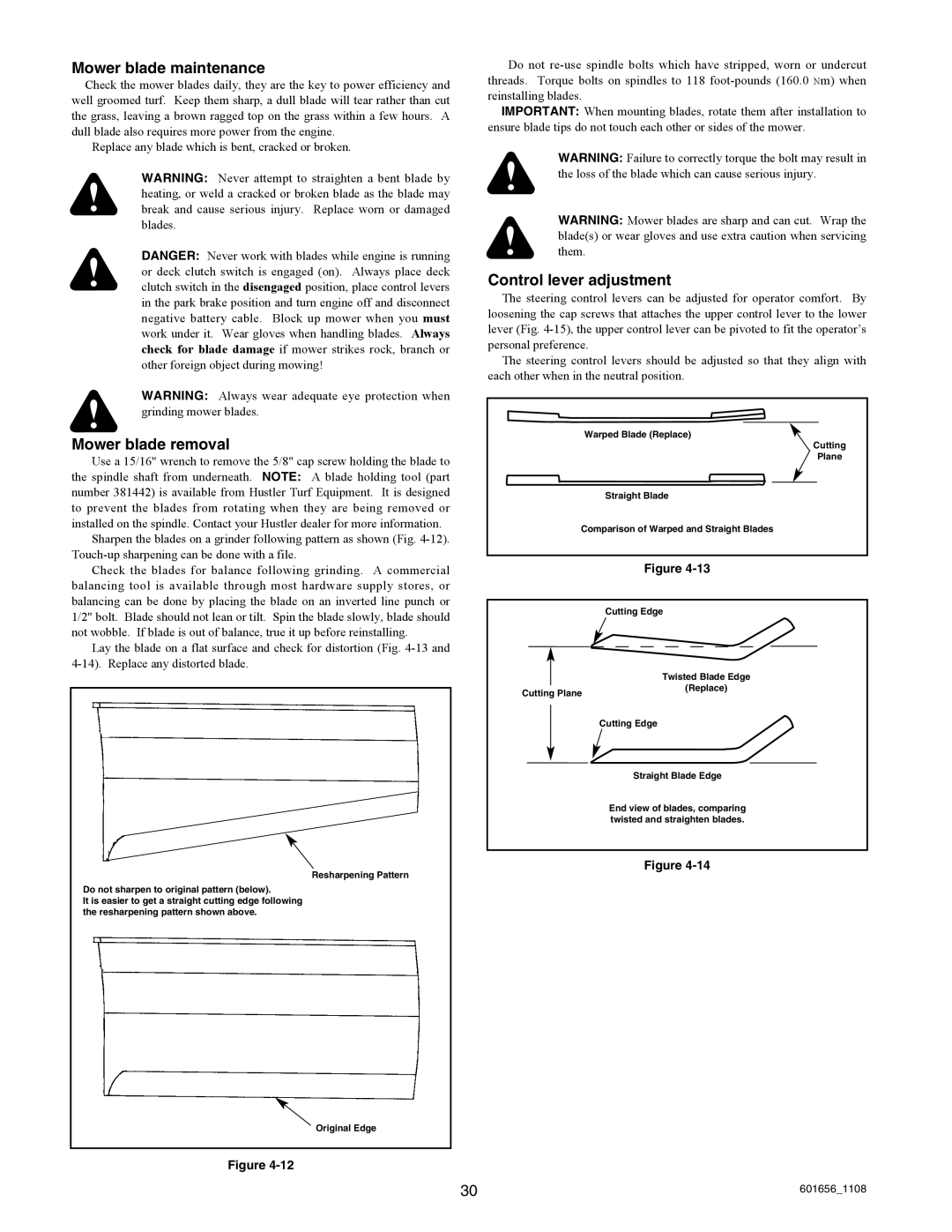 Hustler Turf 927053, 927566, 927848, 927731, 927558 Mower blade maintenance, Mower blade removal, Control lever adjustment 