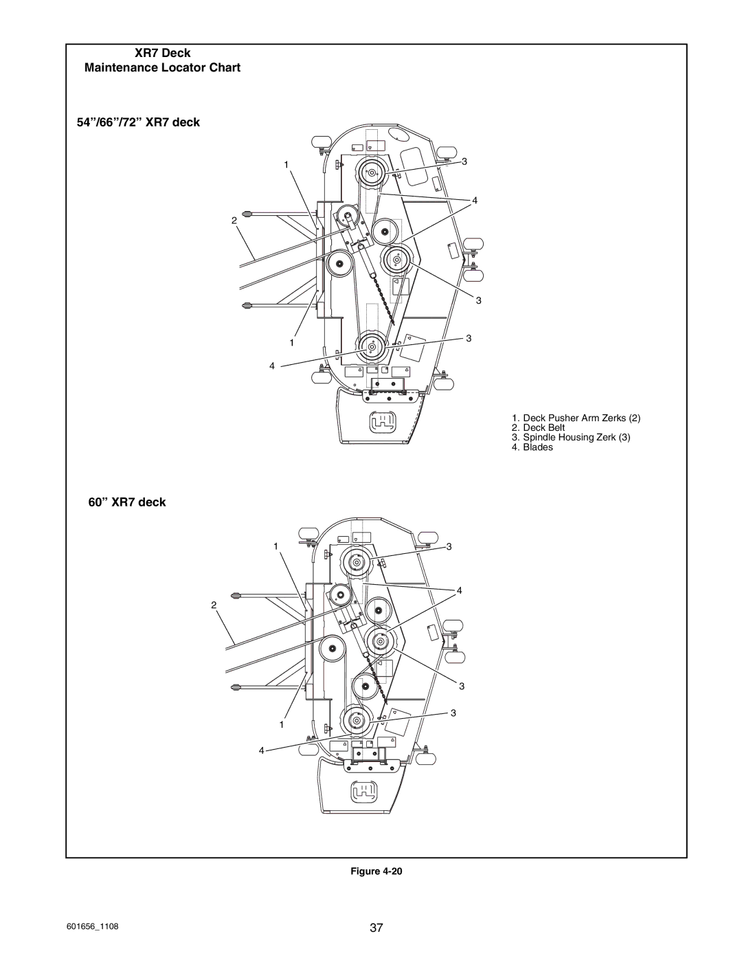 Hustler Turf 927848, 927566, 927053, 927731, 927558, 927814 XR7 Deck Maintenance Locator Chart 54/66/72 XR7 deck, 60 XR7 deck 