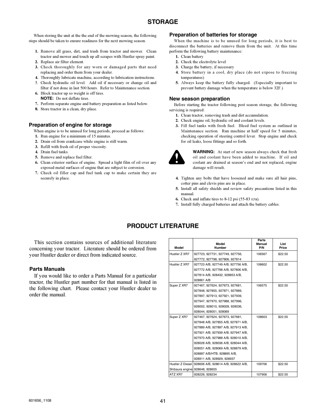 Hustler Turf 927566, 927053, 927848, 927731, 927558, 927814 manual Storage, Product Literature 