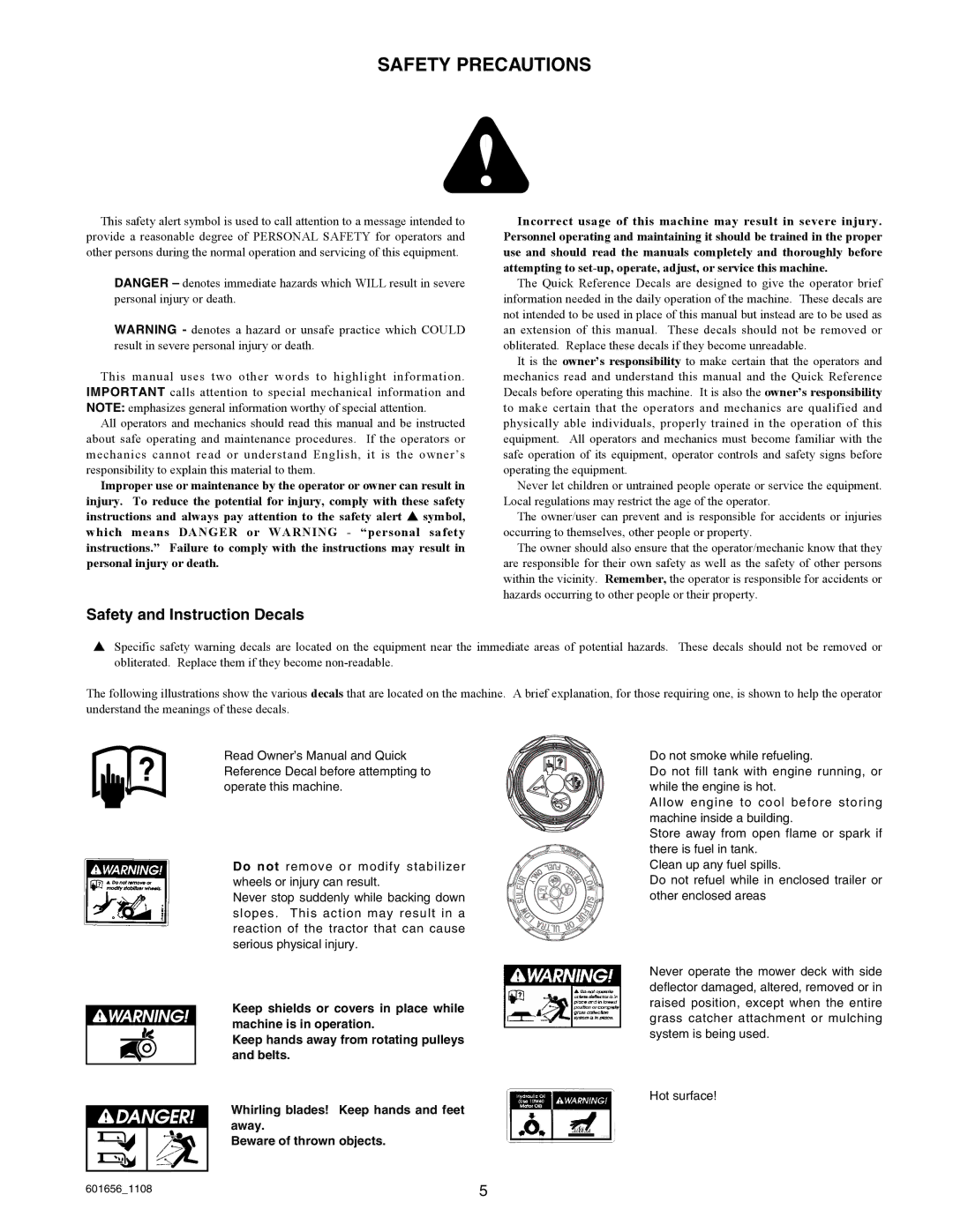 Hustler Turf 927566, 927053, 927848, 927731, 927558, 927814 manual Safety Precautions, Safety and Instruction Decals 