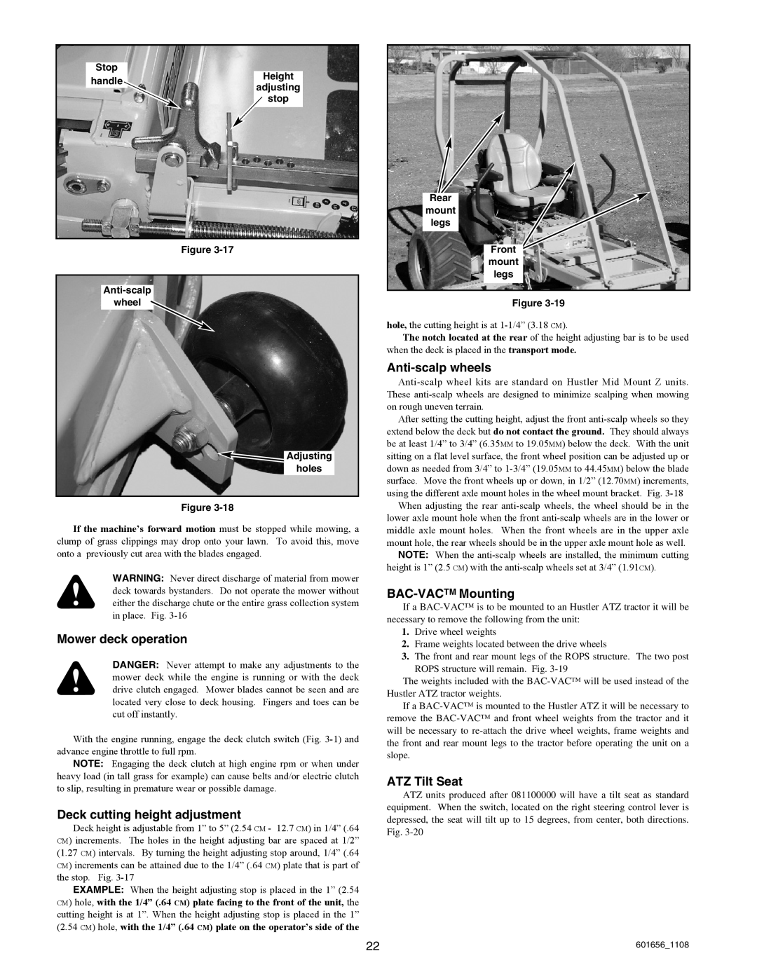 Hustler Turf 927814, 927566 Mower deck operation, Deck cutting height adjustment, Anti-scalp wheels, BAC-VACTM Mounting 
