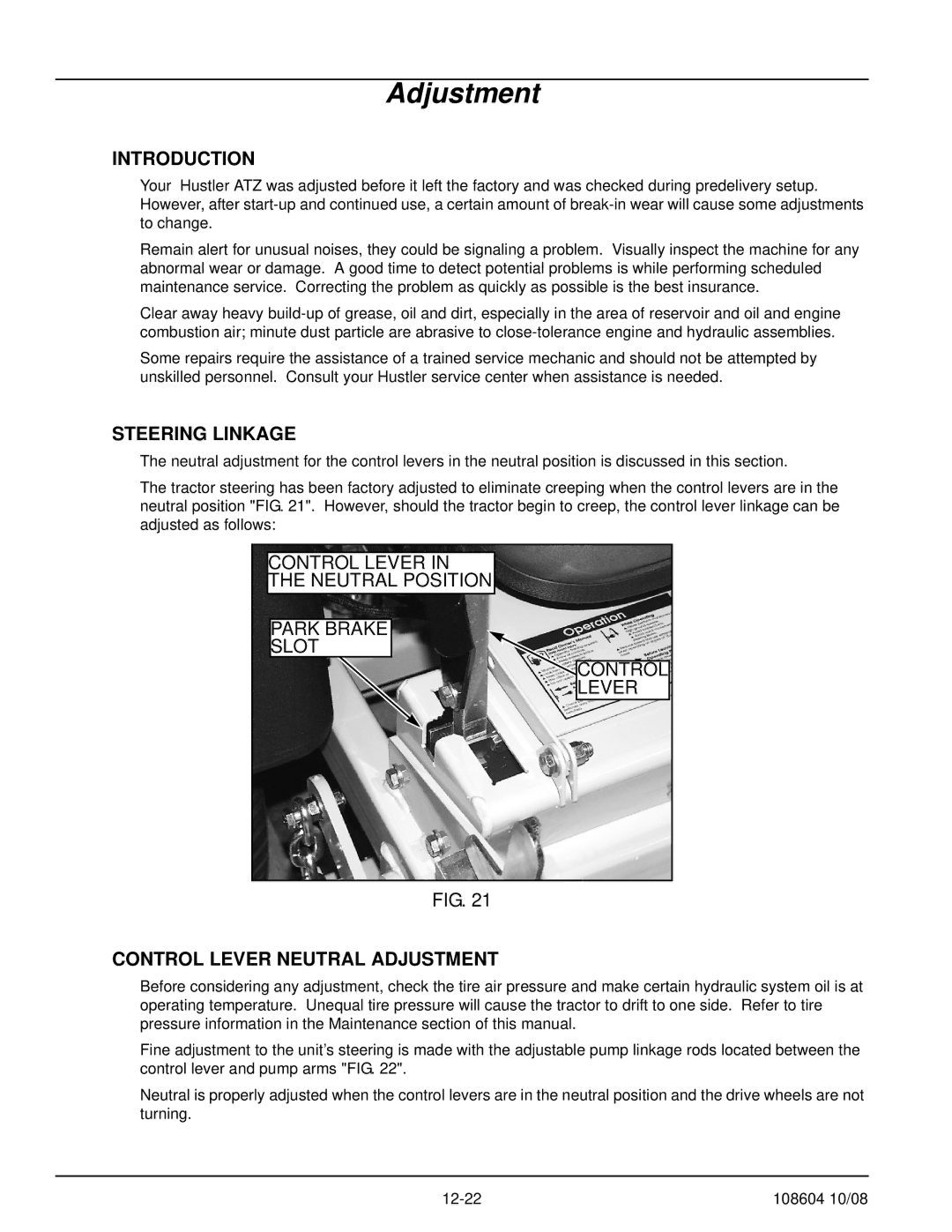 Hustler Turf 928150, 928168, 928143 manual Steering Linkage, Control Lever Neutral Adjustment 