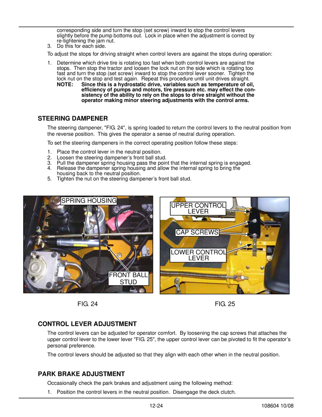 Hustler Turf 928143, 928168, 928150 manual Steering Dampener, Control Lever Adjustment, Park Brake Adjustment 