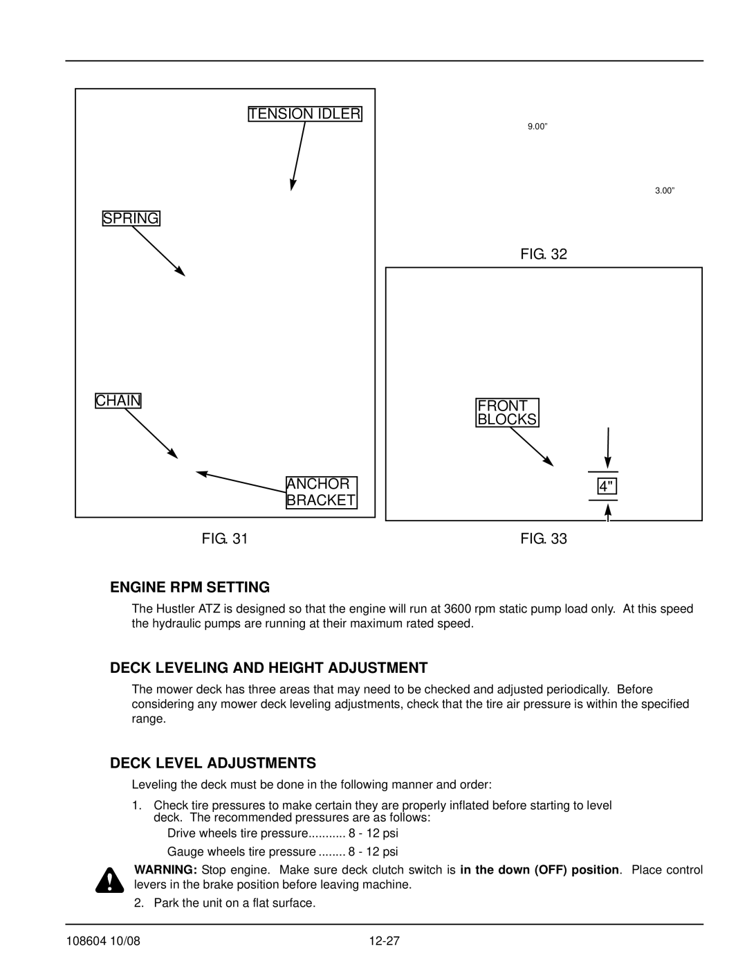 Hustler Turf 928143, 928168, 928150 manual Engine RPM Setting, Deck Leveling and Height Adjustment, Deck Level Adjustments 