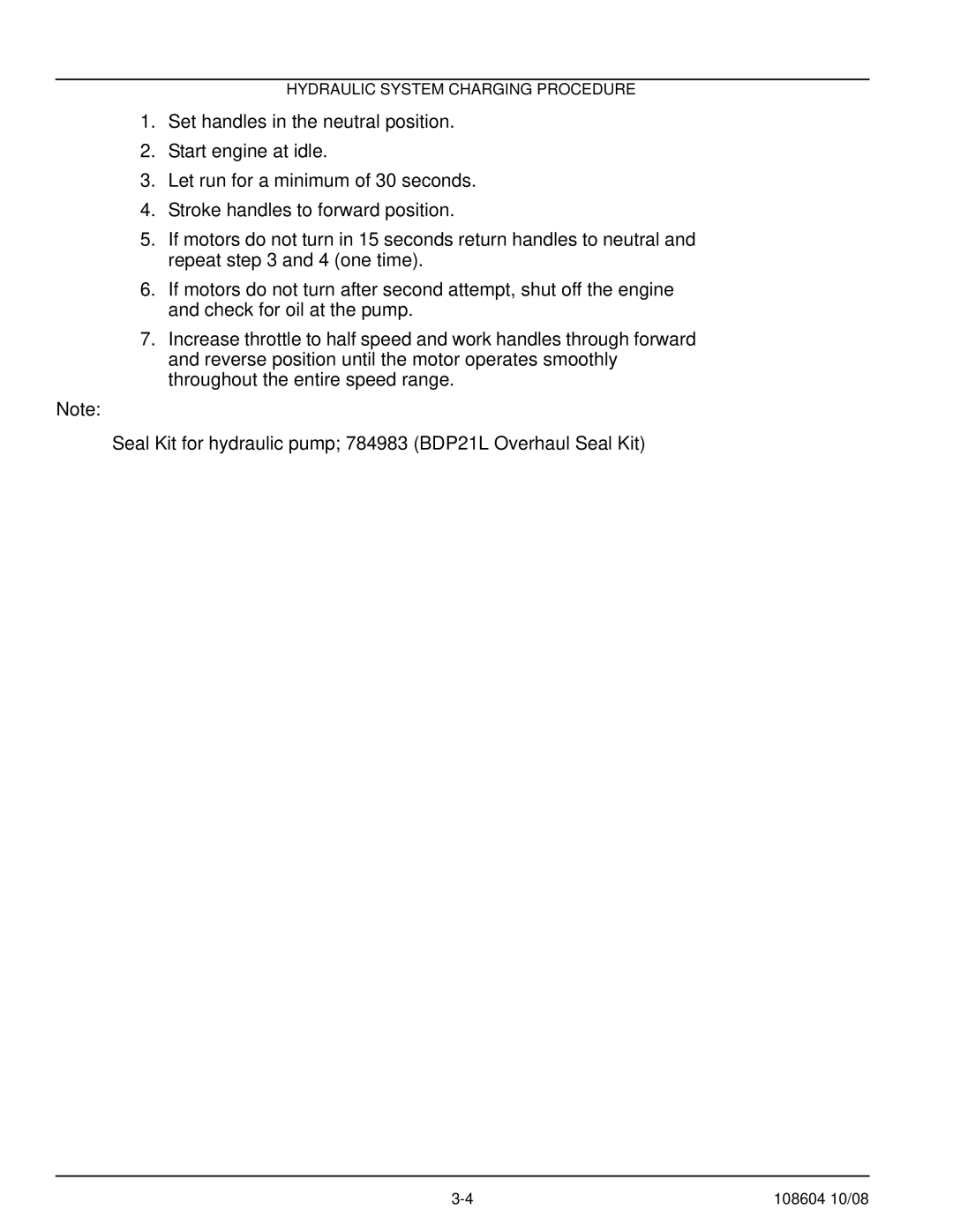 Hustler Turf 928150, 928168, 928143 manual Hydraulic System Charging Procedure 