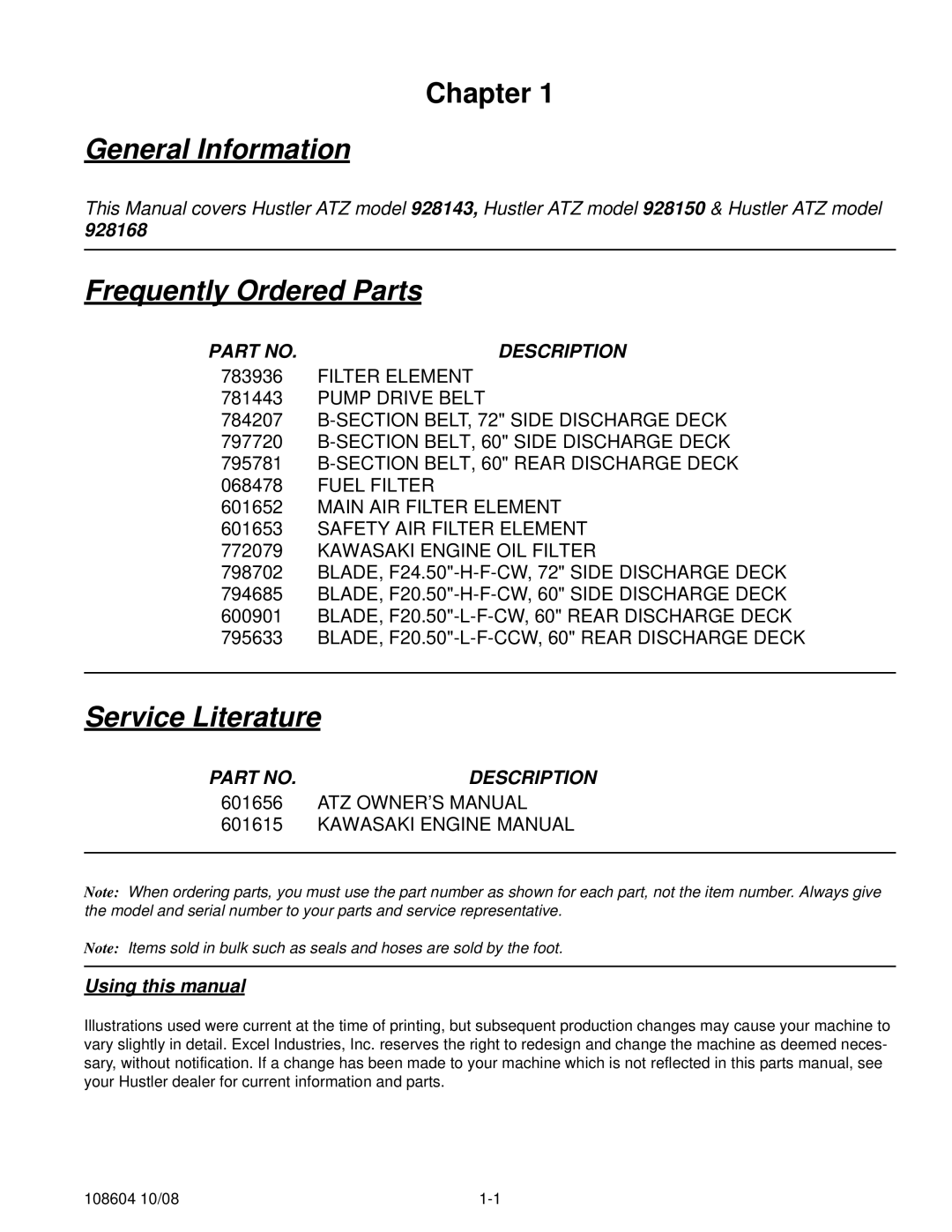 Hustler Turf 928150, 928168, 928143 manual General Information, Frequently Ordered Parts, Service Literature 