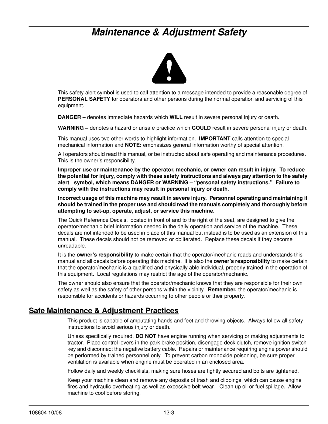 Hustler Turf 928143, 928168, 928150 manual Maintenance & Adjustment Safety, Safe Maintenance & Adjustment Practices 