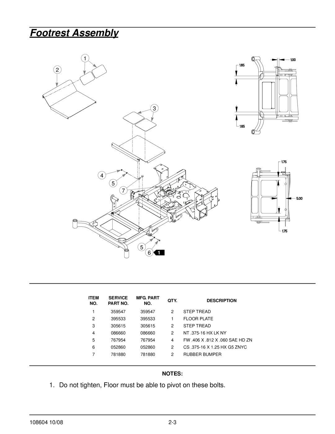 Hustler Turf 928168, 928143, 928150 manual Footrest Assembly, Step Tread, Floor Plate, Rubber Bumper 