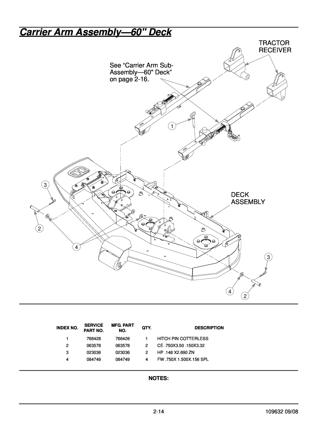 Hustler Turf 928739 Carrier Arm Assembly-60 Deck, TRACTOR RECEIVER See “Carrier Arm Sub Assembly-60 Deck” on page, Service 