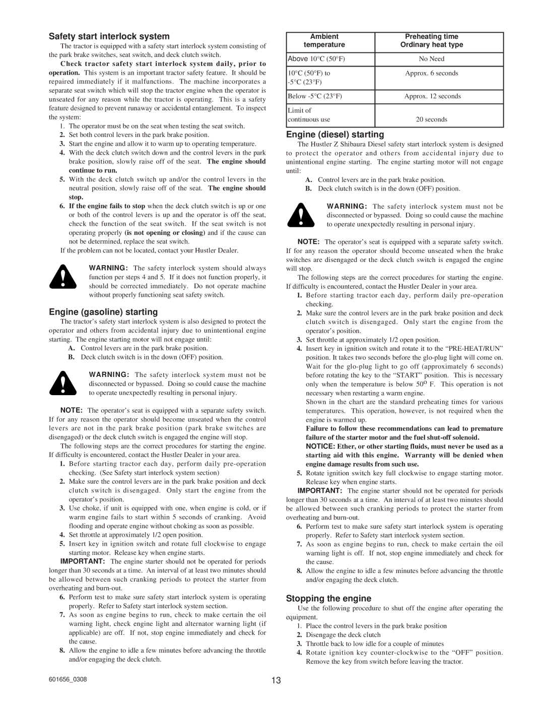 Hustler Turf Z Shibaura Diesel, ATZ manual Safety start interlock system, Engine gasoline starting, Engine diesel starting 
