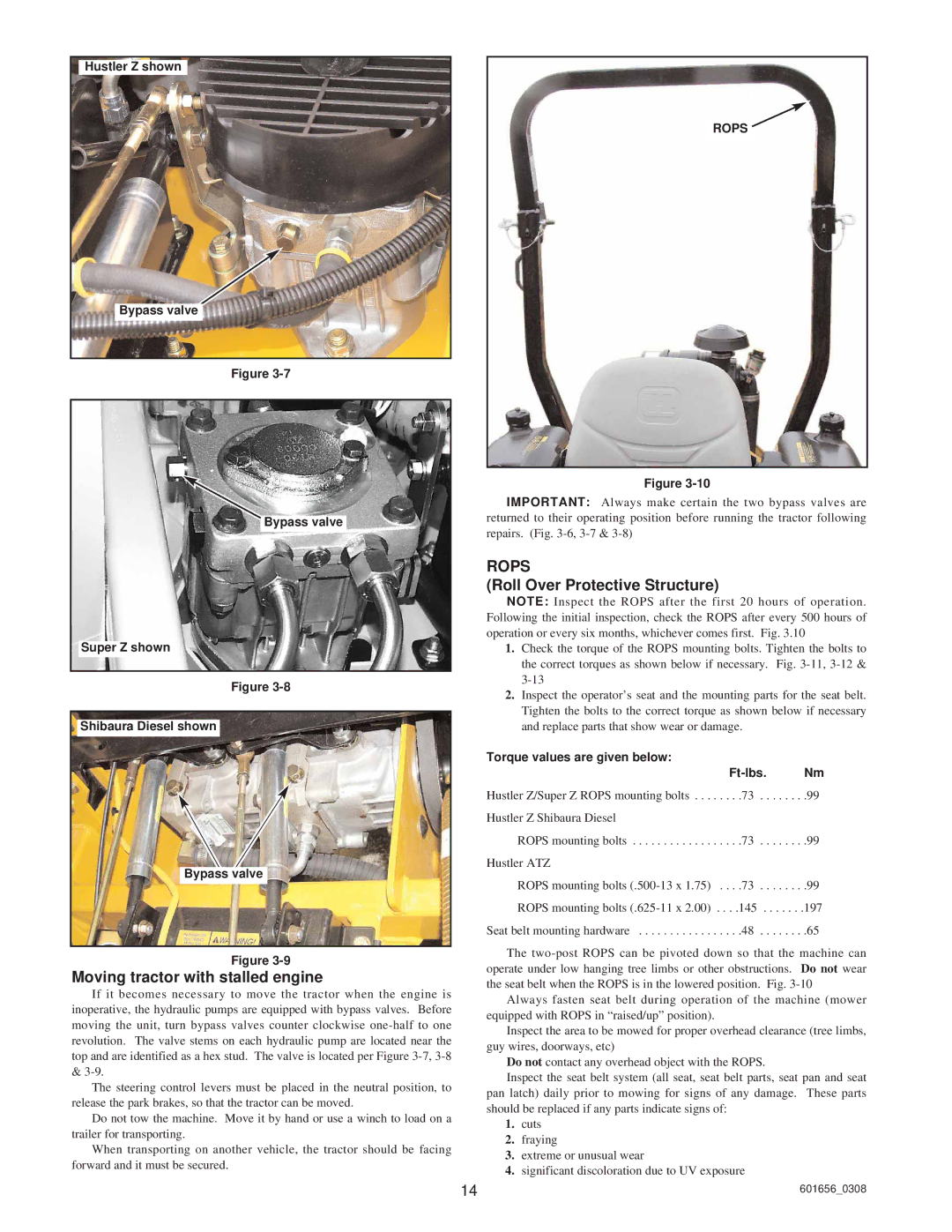 Hustler Turf ATZ, Super Z, Z Shibaura Diesel manual Moving tractor with stalled engine, Roll Over Protective Structure 