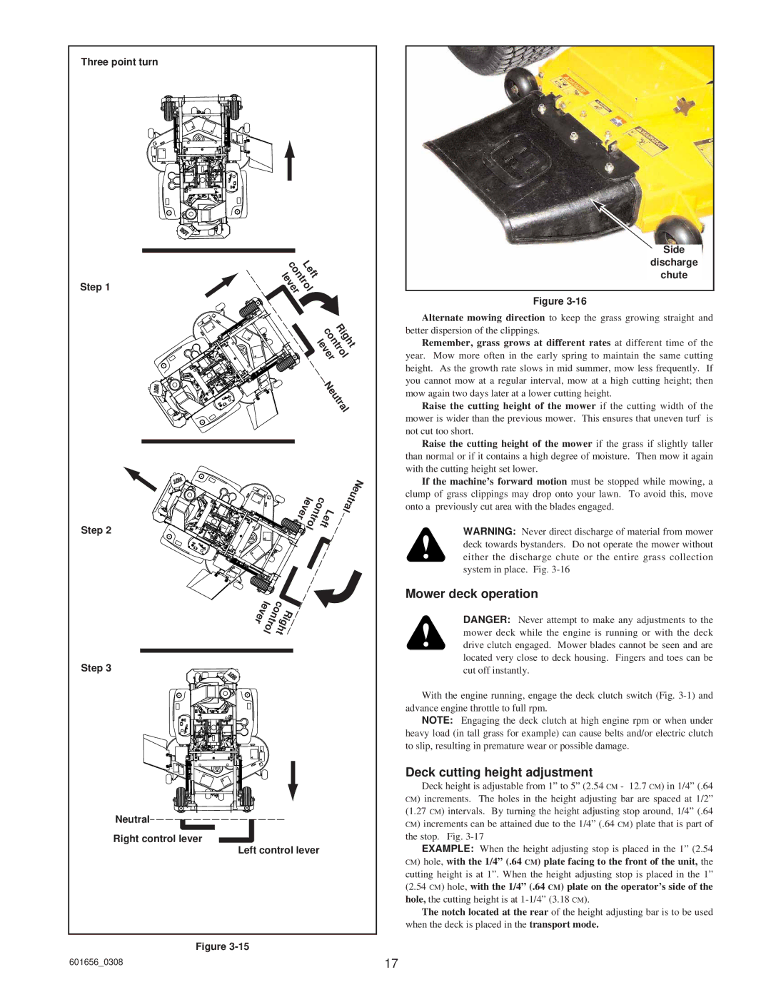 Hustler Turf Z Shibaura Diesel, ATZ, Super Z manual Right control lever, Mower deck operation, Deck cutting height adjustment 