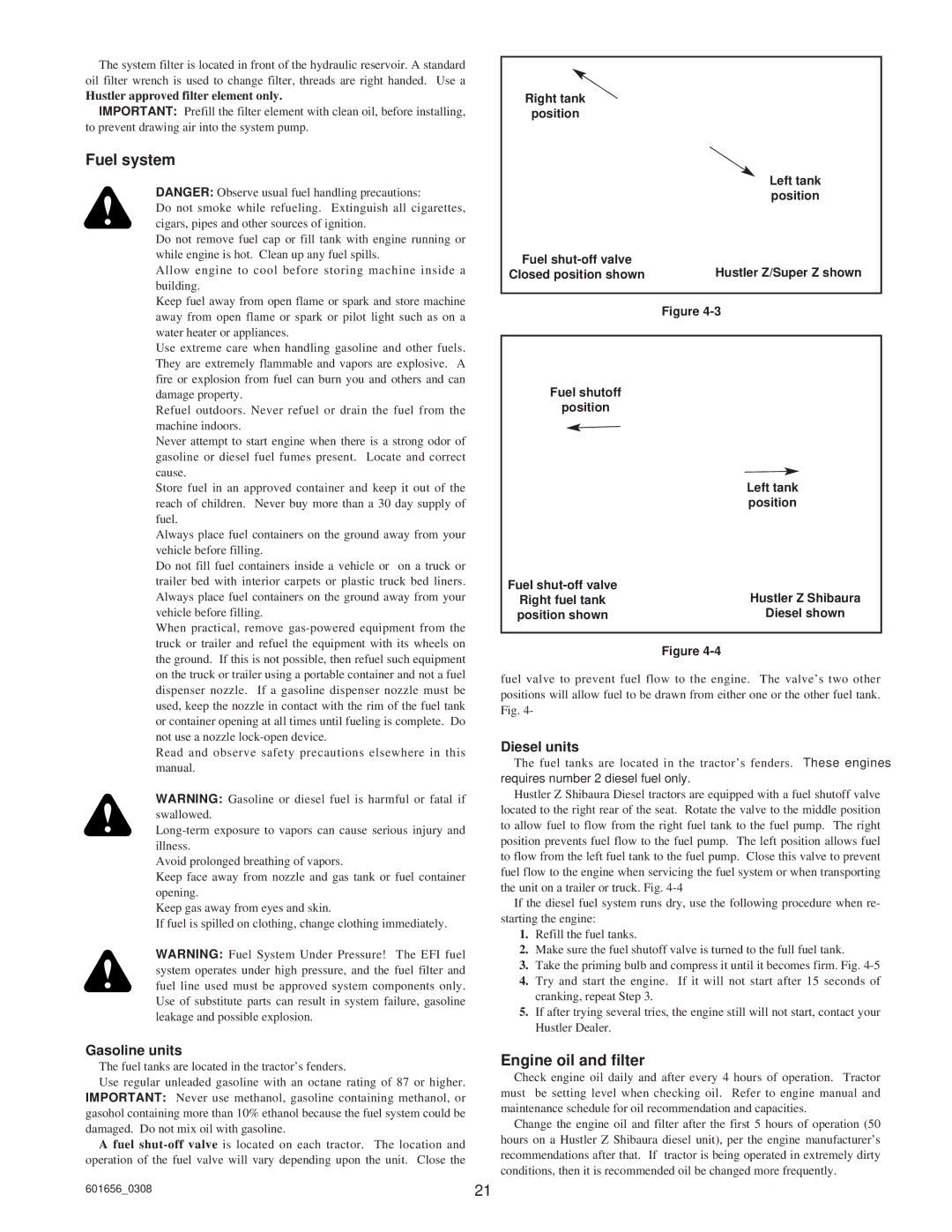 Hustler Turf Z Shibaura Diesel Fuel system, Engine oil and filter, Right tank Position Left tank, Fuel shutoff Position 