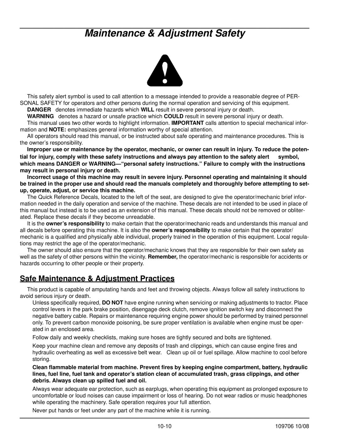 Hustler Turf Diesel Z manual Maintenance & Adjustment Safety, Safe Maintenance & Adjustment Practices 