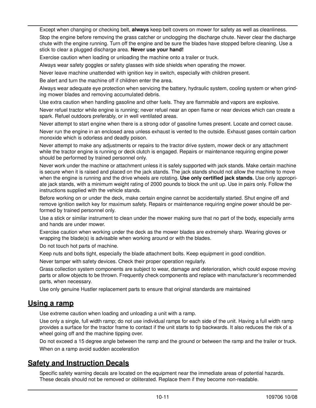 Hustler Turf Diesel Z manual Using a ramp, Safety and Instruction Decals 
