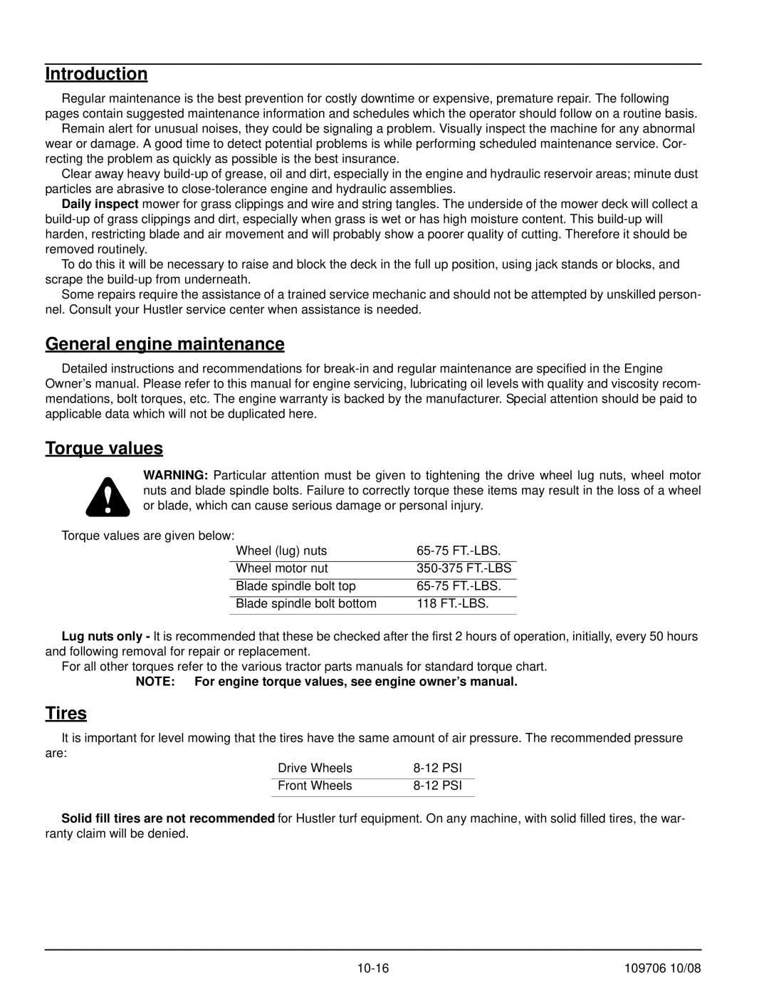 Hustler Turf Diesel Z manual Introduction, General engine maintenance Torque values, Tires 