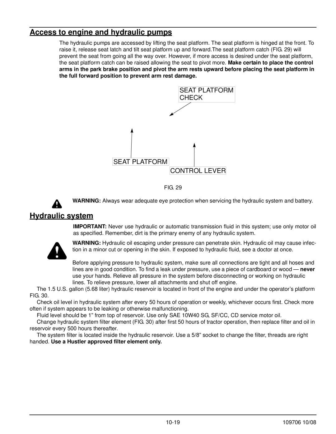 Hustler Turf Diesel Z manual Access to engine and hydraulic pumps, Hydraulic system 