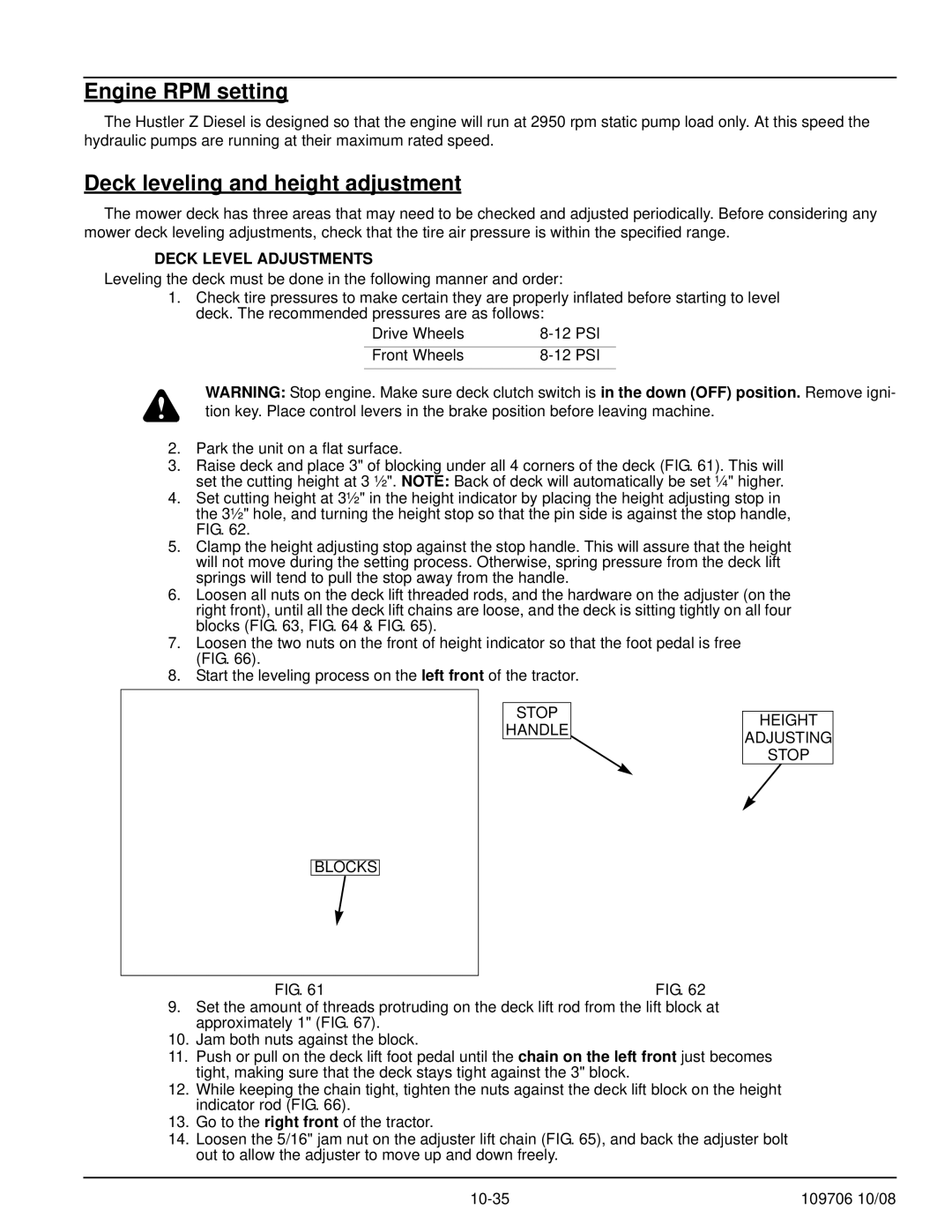 Hustler Turf Diesel Z manual Engine RPM setting, Deck leveling and height adjustment 