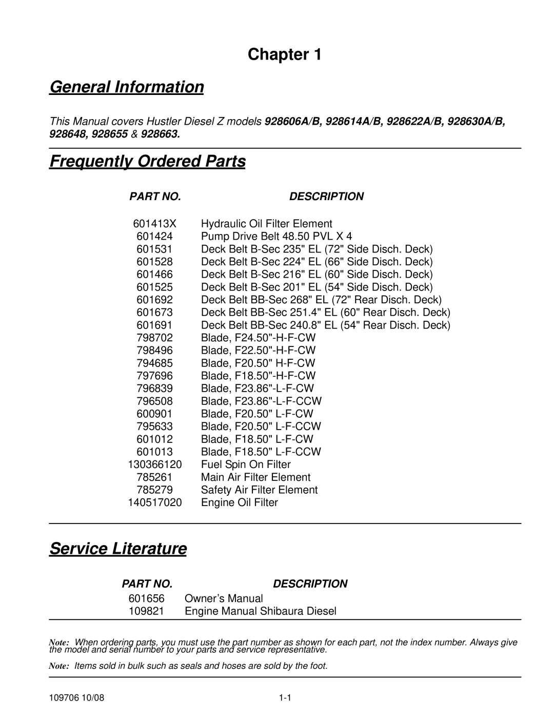 Hustler Turf Diesel Z manual General Information, Frequently Ordered Parts, Service Literature 