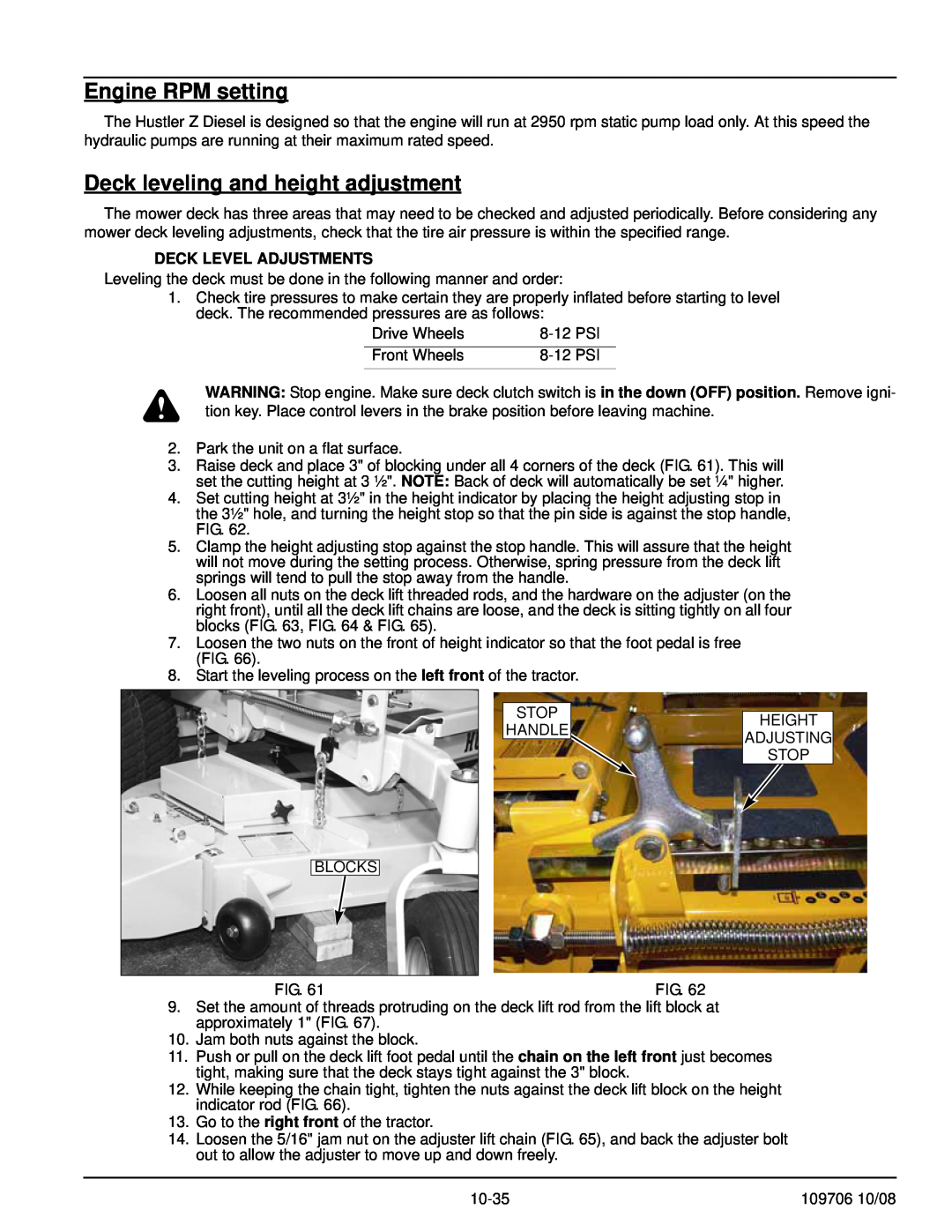 Hustler Turf Diesel Z manual Engine RPM setting, Deck leveling and height adjustment, Deck Level Adjustments 