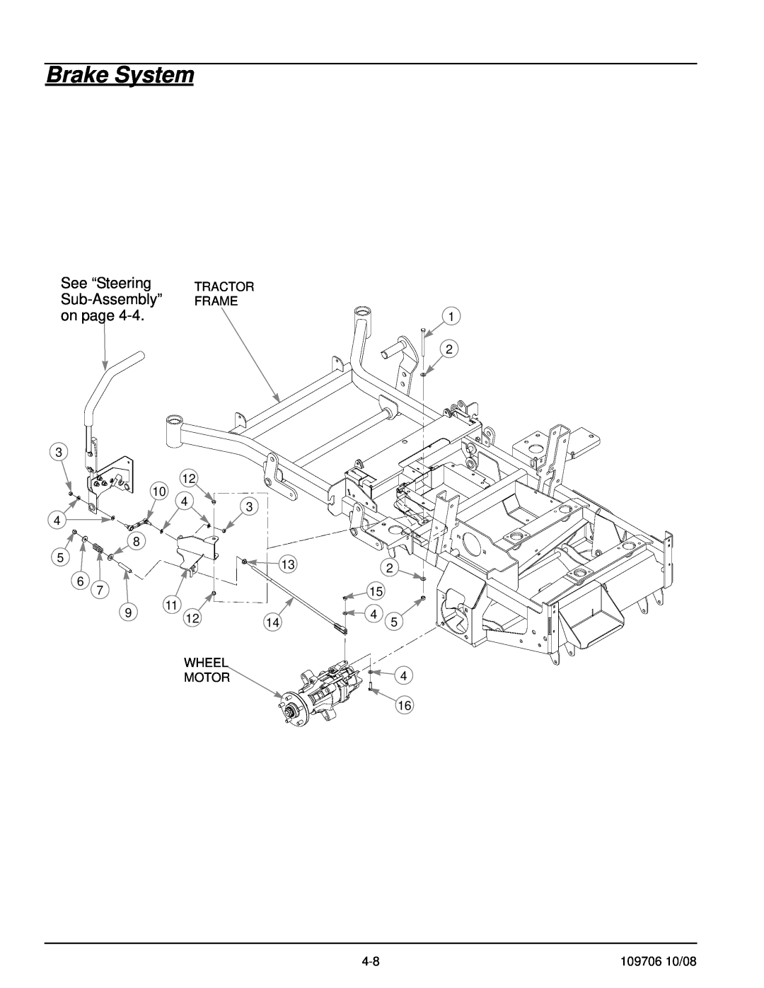Hustler Turf Diesel Z manual Brake System, See “Steering Sub-Assembly” on page 